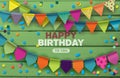 Happy Birthday card with colorful paper garlands and confetti