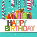 Happy Birthday Card. Confetti and Gift Boxes Royalty Free Stock Photo