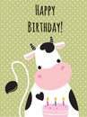 Happy Birthday Card with Cow Farm Animal with Cake as Holiday Greeting and Congratulation Vector Illustration