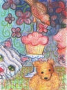 Happy Birthday card Cupcake Celebration with friends cat, teddy bear and bird oil painting
