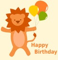 Happy birthday card with cute cartoon lion with colorful balloons illustration
