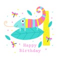 Happy birthday card with a cute chameleon. Vector illustration