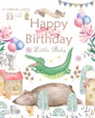 Happy birthday card with cute Croc Dandy Watercolor animal. Cute baby greeting card. Boho flowers and floral bouquets
