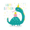 Happy birthday card with cute dino. Vector illustrations Royalty Free Stock Photo