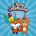 Happy birthday card with cute fox and bear Royalty Free Stock Photo