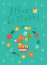 Happy birthday card with cute fox in wreath Royalty Free Stock Photo