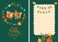 Happy birthday card with cute foxes in wreath