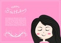 Happy birthday card with cute girl smiles cartoon character, lettering of kids and children romantic calligraphy, celebration