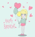 Happy Birthday card with cute girl. Vector Illustration of a Girl Holding Birthday Balloons Royalty Free Stock Photo