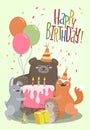 Happy birthday card with cute hand drawn animals Royalty Free Stock Photo