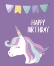 Happy birthday card with cute head unicorn
