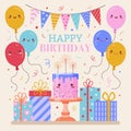 Happy Birthday Card with Cute Kawaii Cake