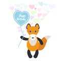 Happy birthday Card cute kawaii fox with balloon in the shape of heart, pastel colors on white background. Card design. Vector Royalty Free Stock Photo