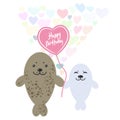 Happy birthday Card cute kawaii gray fur seals with balloon in the shape of heart, pastel colors on white background. Card design. Royalty Free Stock Photo