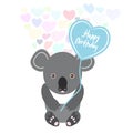 Happy birthday Card cute kawaii gray koala with balloon in the shape of heart, pastel colors on white background. Card design. Vec Royalty Free Stock Photo