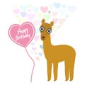 Happy birthday Card cute kawaii lama with balloon in the shape of heart, pastel colors on white background. Card design. Vector