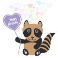 Happy birthday Card cute kawaii raccoon with balloon in the shape of heart, pastel colors on white background. Card design. Vector