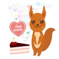 Happy Birthday Card Cute Kawaii Squirrel With Cake, Balloon In The Shape Of Heart, Pastel Colors On White Background. Card Design.