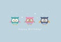 Happy Birthday card. Cute little owls with stars on blue background. - Vector illustration