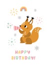 Happy Birthday Card With Cute Little Squirrel In Childish Style