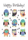 Happy Birthday card with cartoon colorful owls. Vector illustration Royalty Free Stock Photo