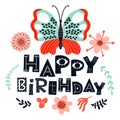 Happy birthday card. Cute ornate banner with flowers and butterfly Royalty Free Stock Photo