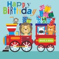 Happy birthday card design with animals and gifts on the train Royalty Free Stock Photo