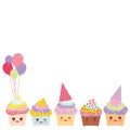 Happy Birthday Card design with Cupcake Kawaii funny muzzle with pink cheeks and winking eyes, pastel colors on white background.