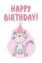 Happy Birthday card design with cute cat or kitten. Party and celebration elements. Text Happy Birthday. Vector