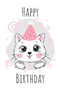 Happy Birthday card design with cute cat or kitten. Party and celebration elements. Text Happy Birthday. Vector