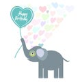 Happy birthday Card design cute kawaii elephant with balloon in the shape of heart, pastel colors on white background. Vector