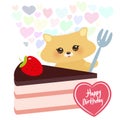 Happy birthday Card design cute kawaii hamster with fork, Sweet cake decorated with fresh Strawberry, pink cream and chocolate ici Royalty Free Stock Photo