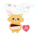 Happy birthday Card design cute kawaii hamster with Sweet cake decorated with fresh cherry, pink cream and chocolate icing, pastel Royalty Free Stock Photo