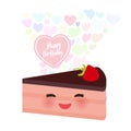 Happy birthday Card design cute kawaii piece of cake, decorated with fresh raspberries, pink cream and chocolate icing, pastel col