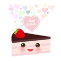Happy birthday Card design cute kawaii piece of cake, decorated with fresh Strawberry, pink cream and chocolate icing, pastel colo Royalty Free Stock Photo