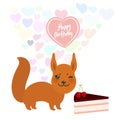 Happy Birthday Card Design Cute Kawaii Squirrel With Sweet Cake Decorated With Fresh Cherry, Pink Cream And Chocolate Icing, Paste