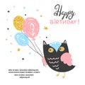 Happy Birthday card design with cute owl and balloons. Royalty Free Stock Photo