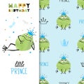 Happy Birthday card design with cute Prince Frog. Royalty Free Stock Photo