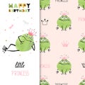 Happy Birthday card design with cute princess frog. Royalty Free Stock Photo