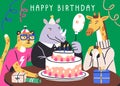 Happy birthday card design, funny wild animals. Cute funky friends characters celebrating holiday, anniversary party Royalty Free Stock Photo