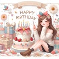 Happy birthday card design with a girl character, cake, and present. AI Generated Royalty Free Stock Photo