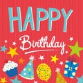 Happy birthday card design with lettering, balloon, cake, gift and hats Royalty Free Stock Photo