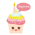 Happy Birthday Card design with tasty birthday cupcake with candle Kawaii funny muzzle with pink cheeks, pastel colors on white ba Royalty Free Stock Photo