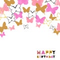 Happy Birthday card design with watercolor pink and glittering golden butterflies.