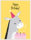 Happy Birthday Card with Donkey in Hat as Farm Animal and Cake with Candles as Holiday Greeting and Congratulation