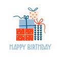 Happy birthday card with doodle gift boxes