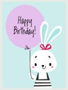 Happy Birthday Card with Farm Bunny Animal with Balloon as Holiday Greeting and Congratulation Vector Illustration