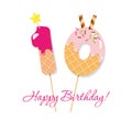 Happy Birthday card. Festive sweet numbers 10. Coctail straws. Funny decorative characters. Vector