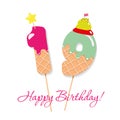 Happy Birthday card. Festive sweet numbers 19. Coctail straws. Funny decorative characters. Vector