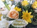 Happy Birthday card with flowers bouquet background. Birthday cards with text on floral backgrounds Royalty Free Stock Photo